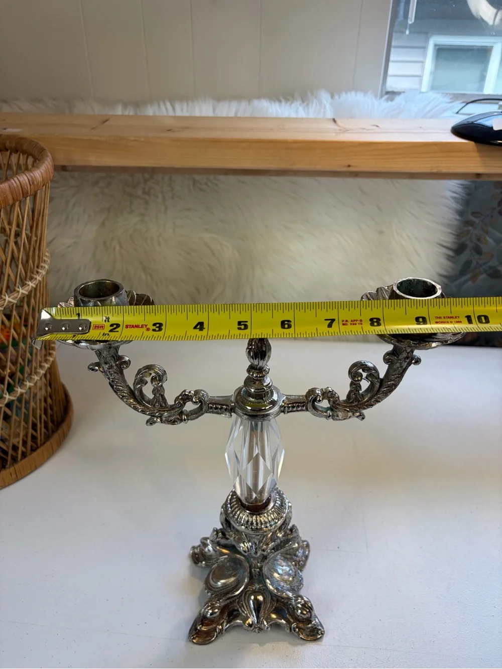 Vintage Silver Tone Crystal Double Arm Candelabra Candle Holder Baroque Decor - Picture 9 of 11